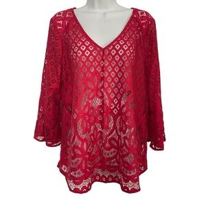 Fig and Flower NWT Red Lace Bell Sleeve Sheer Blouse 3/4 Sleeve Size L